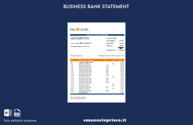 modello di estratto conto aziendale bancario ING italiano in stile verificato Mo